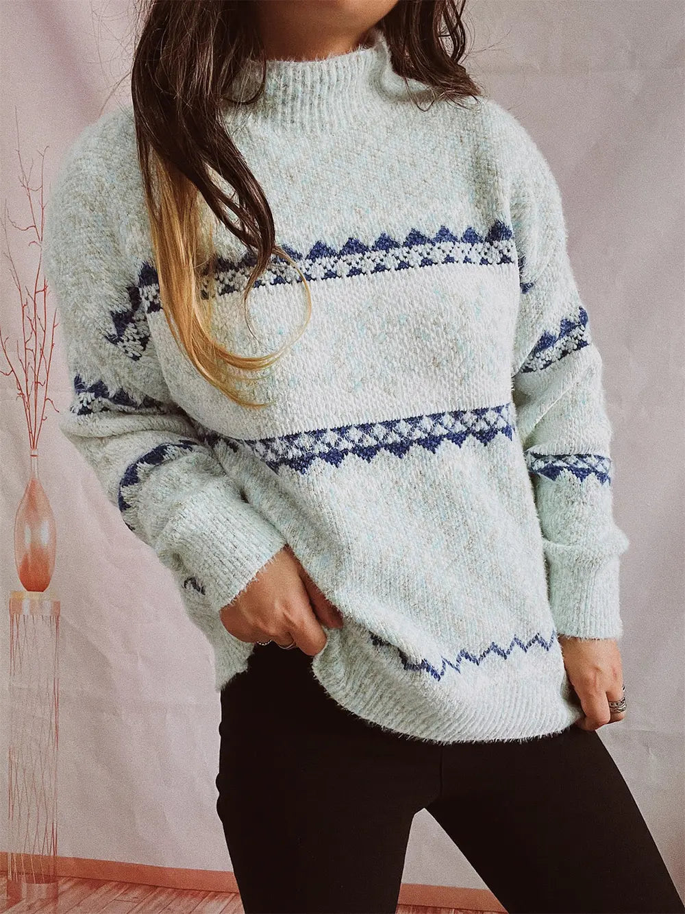 Geometric Mock Neck Dropped Shoulder Sweater Trendsi