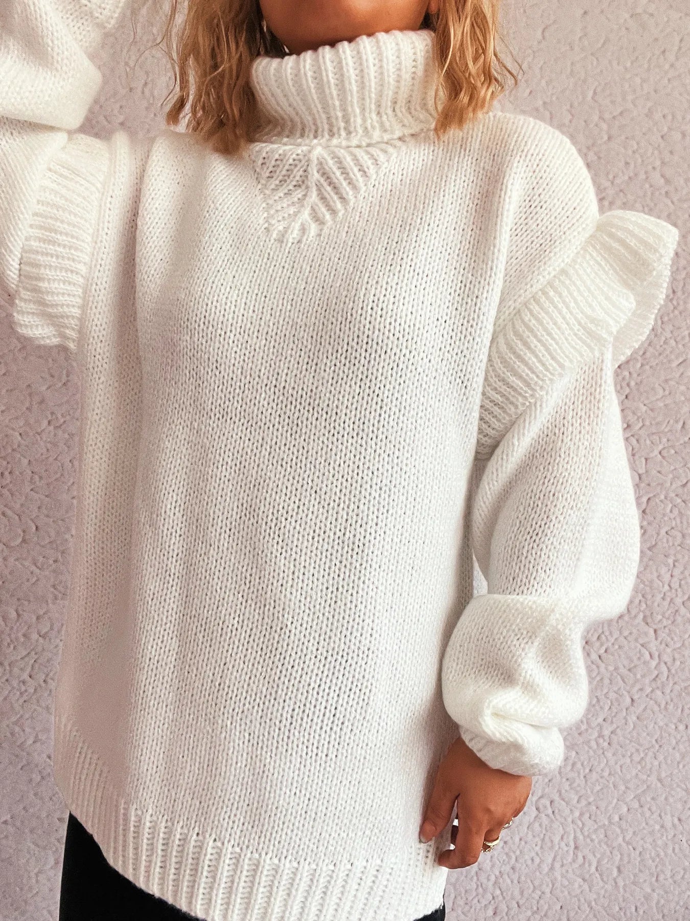 Women Ruffled Turtleneck Long Sleeve Sweater