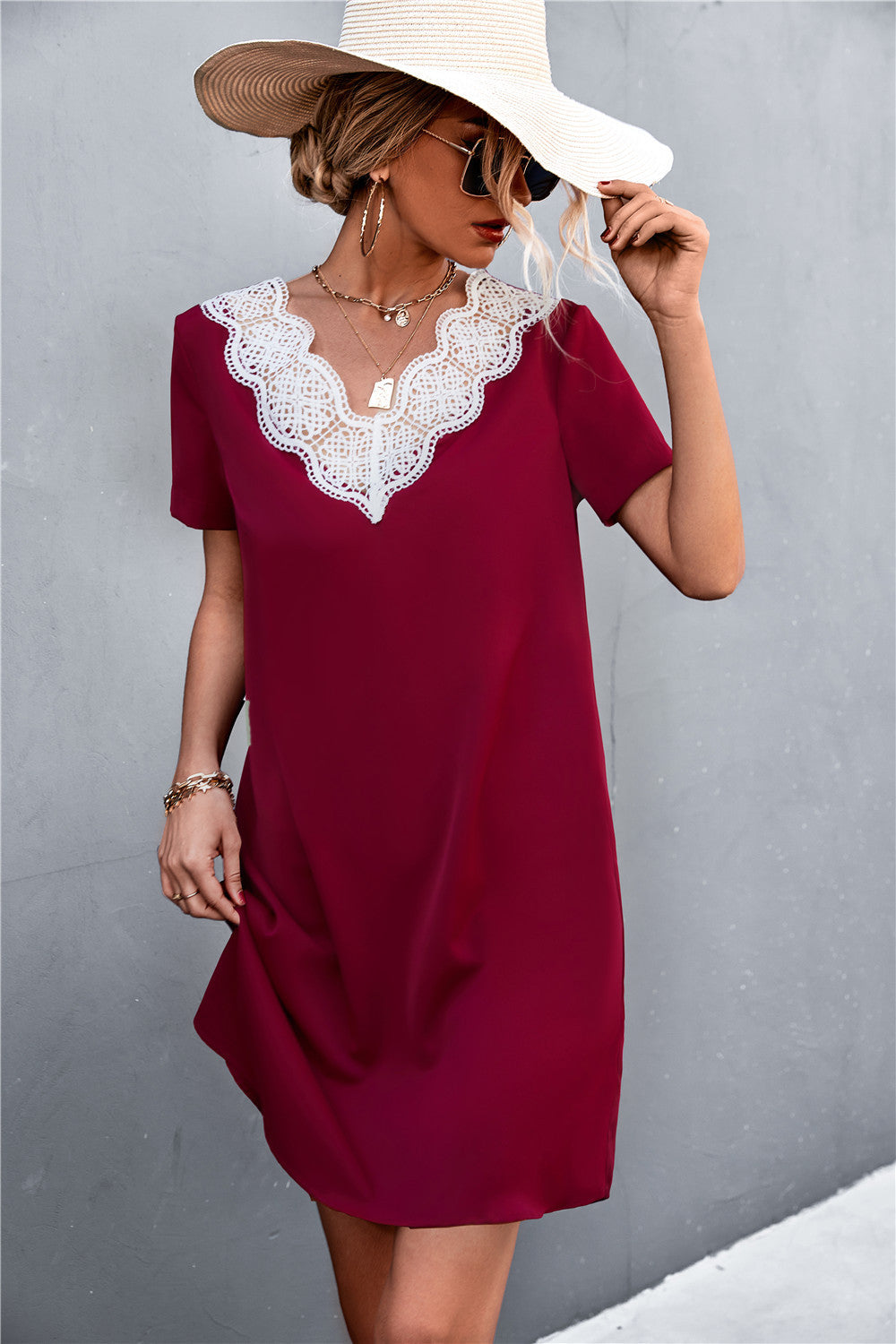 Spliced Lace Contrast Short Sleeve Dress nicholesgifts