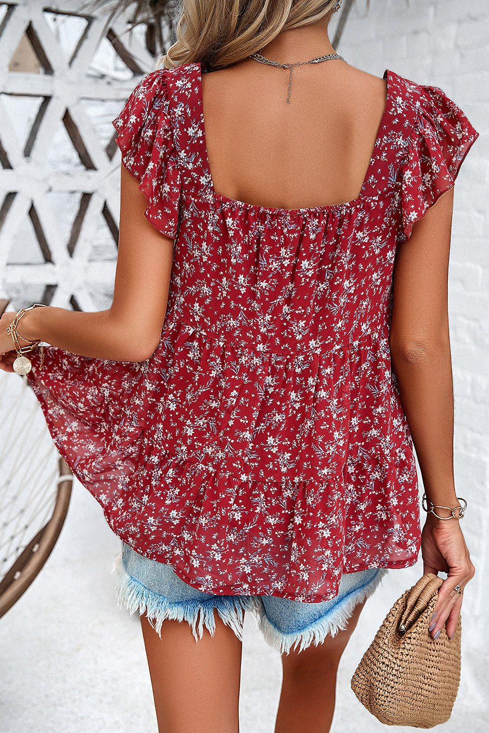 Printed Square Neck Cap Sleeve Blouse nicholesgifts