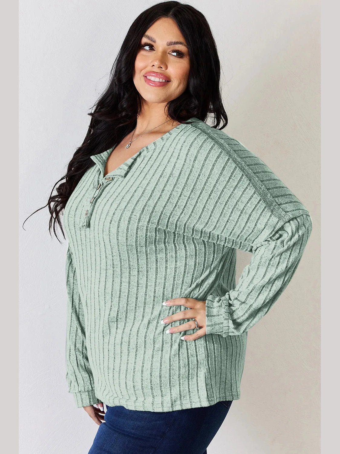 Basic Bae Full Size Ribbed Half Button Long Sleeve T-Shirt nicholesgifts