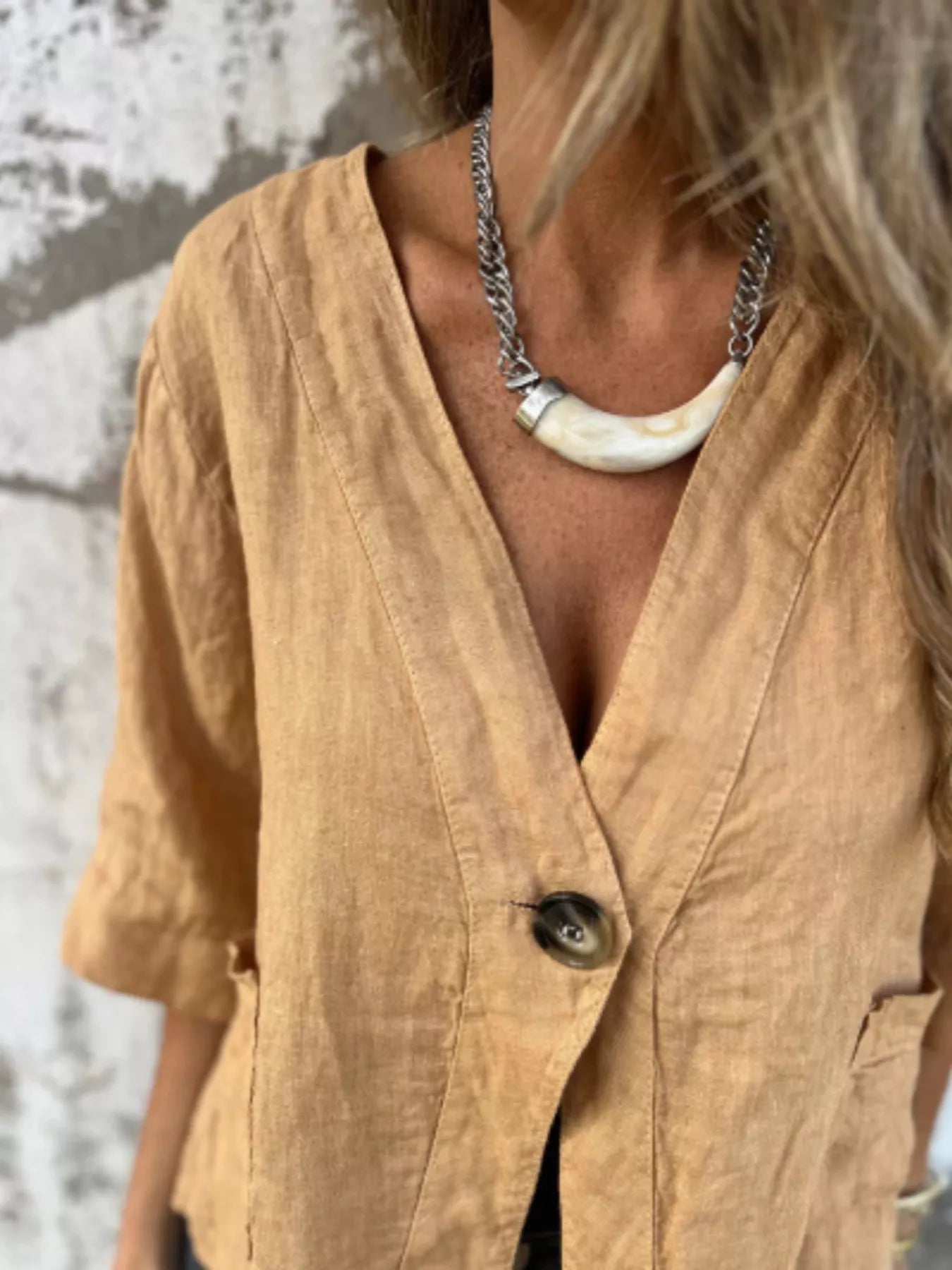 Full Size One Button V-Neck Shirt Plus Size Trendsi