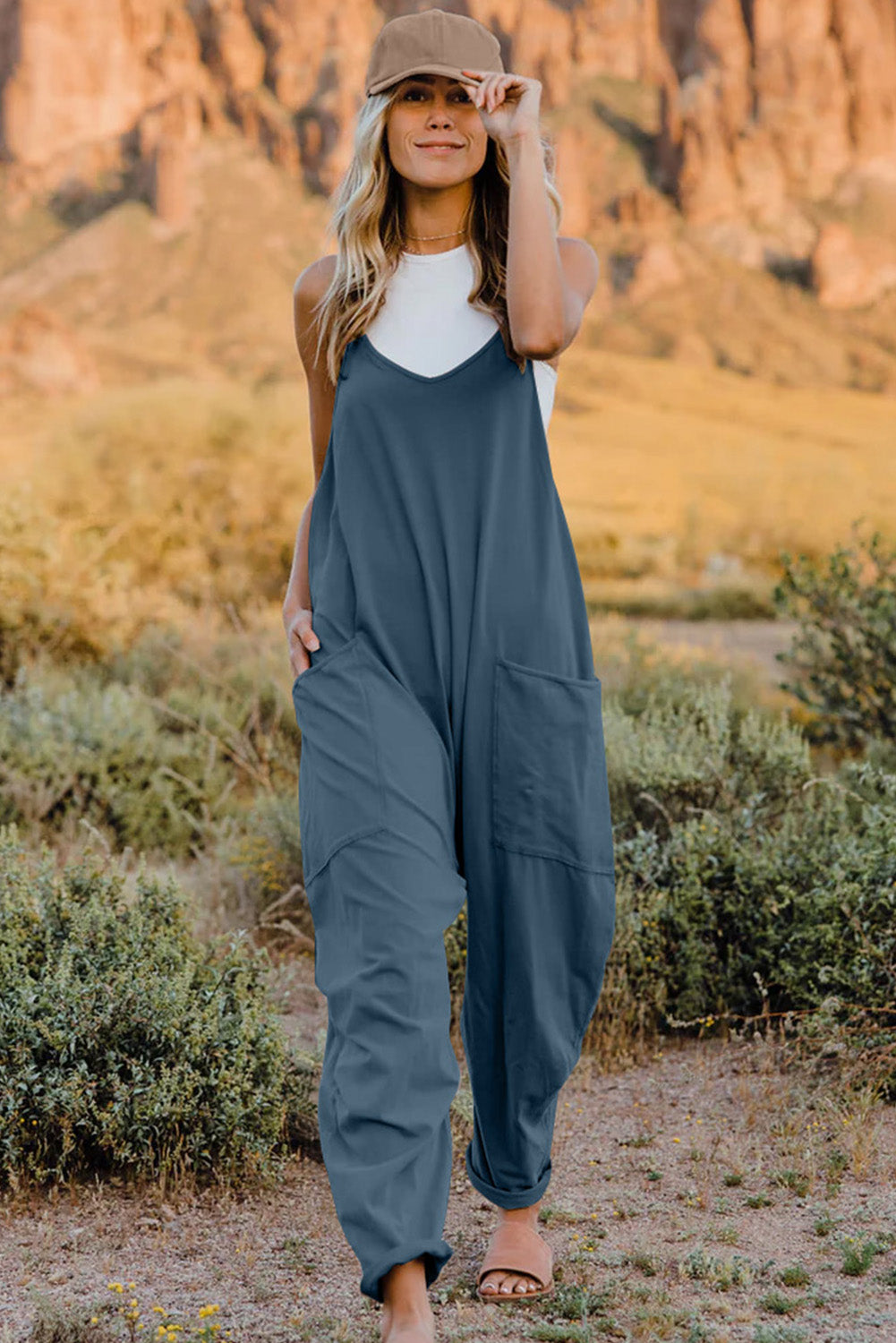 Double Take Full Size V-Neck Sleeveless Jumpsuit with Pockets nicholesgifts