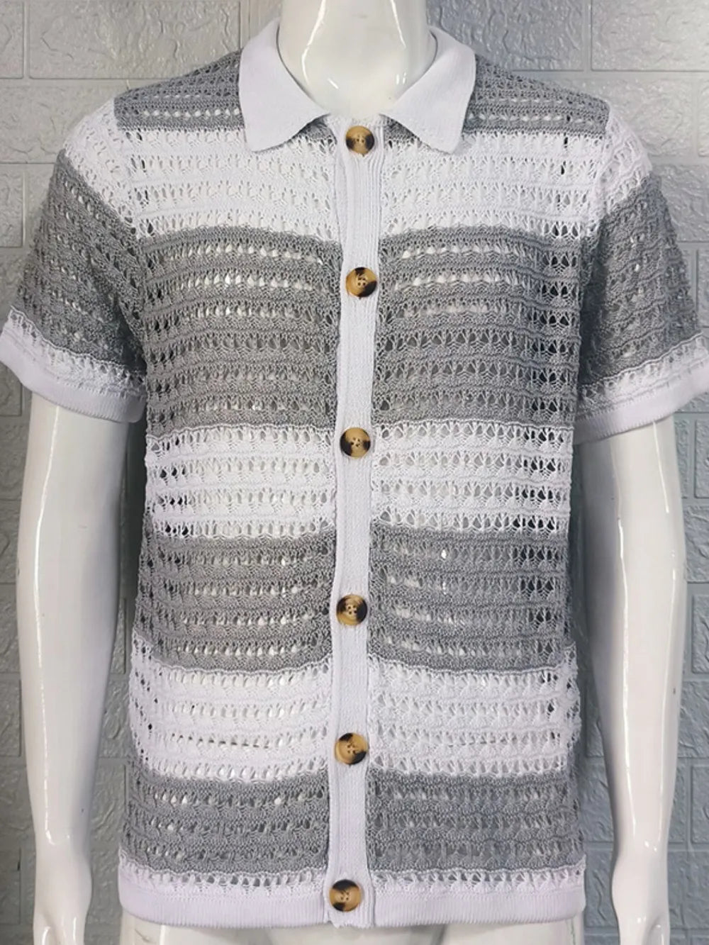 Men's Button Down Collared Neck Contrast Openwork Shirt NicholesGifts