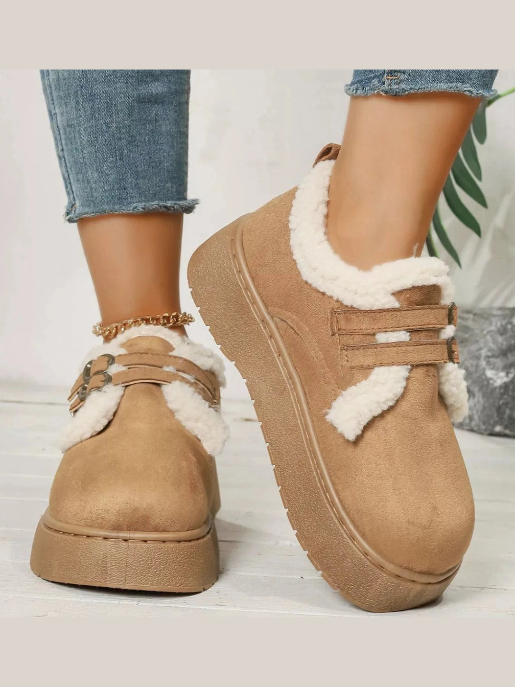 Buckle Strap Faux Fur Trim Platform Boots Trendsi