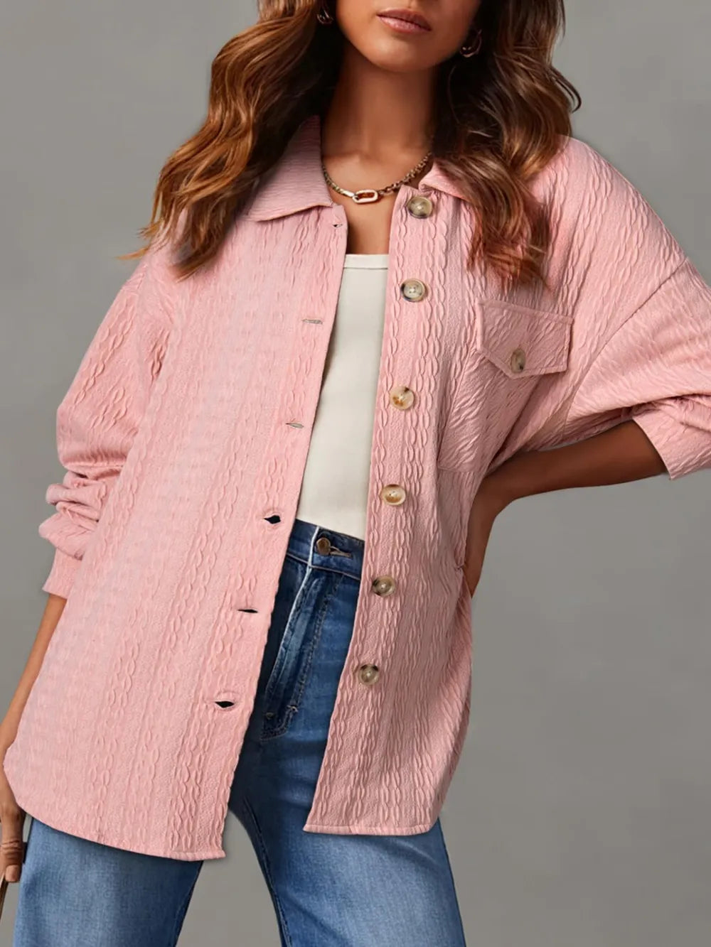 Textured Button Up Long Sleeve Shacket nicholesgifts