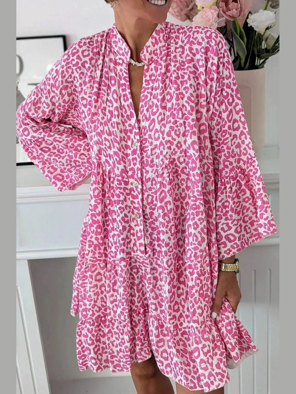 Leopard Notched Long Sleeve Shirt Dress