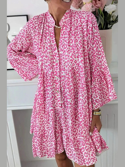 Leopard Notched Long Sleeve Shirt Dress