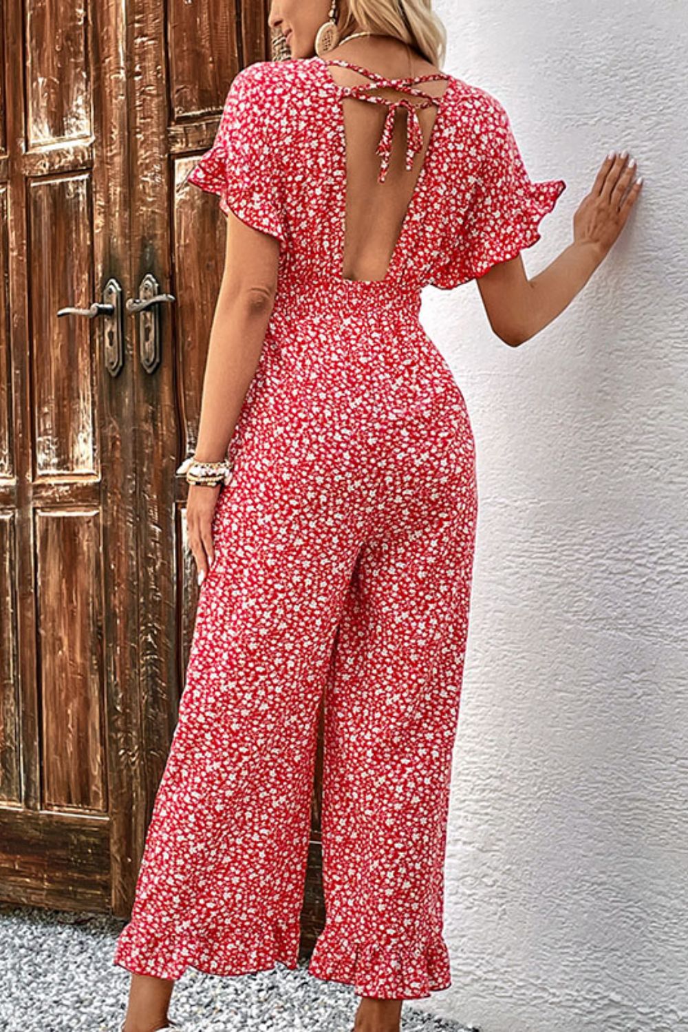 Printed Tie Back Ruffled Jumpsuit nicholesgifts