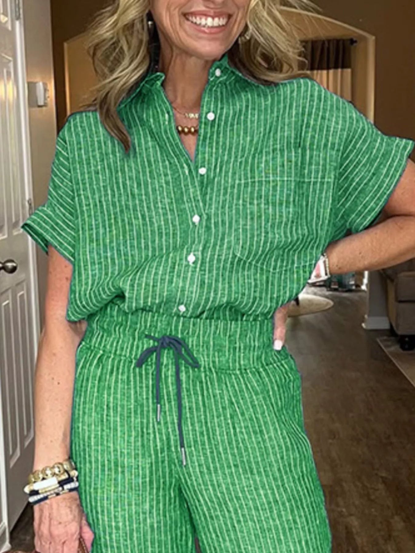 Full Size Striped Button-Up Shirt and Wide Leg Pants Casual Set Plus Size Trendsi