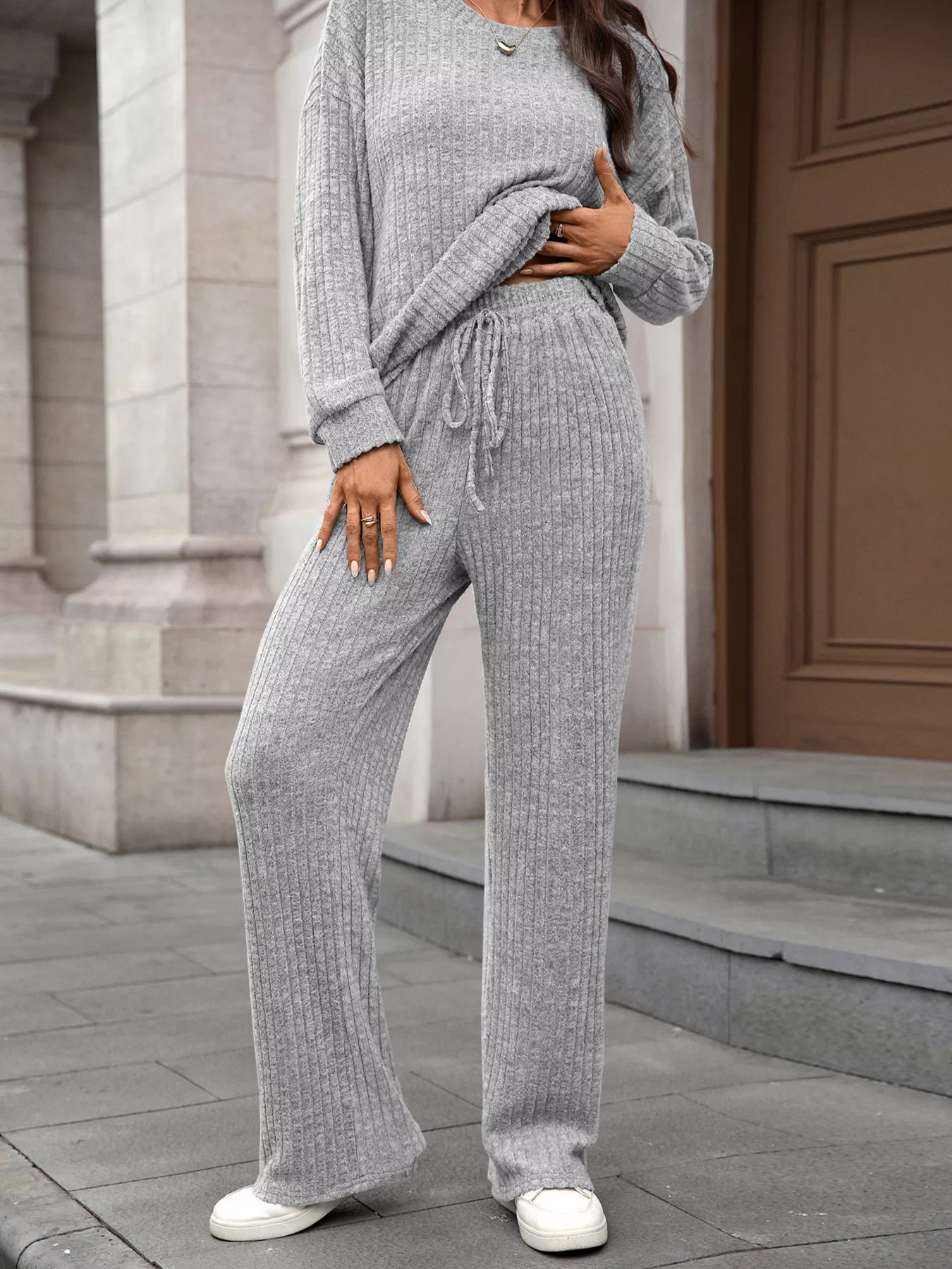 Ribbed Round Neck Top and Pants Set NicholesGifts