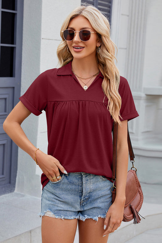 Ruched Johnny Collar Short Sleeve Blouse nicholesgifts