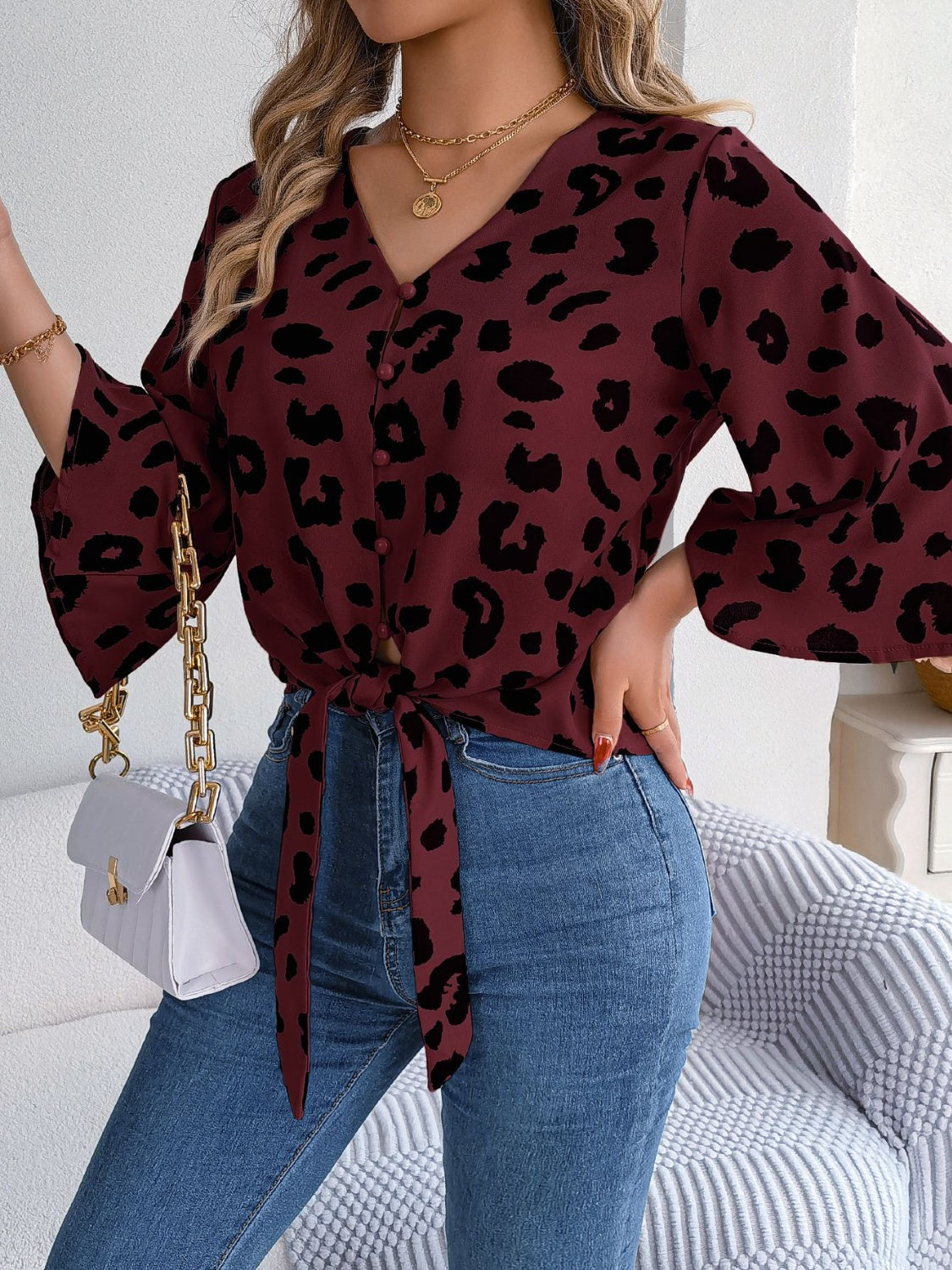 Tied Button Up Leopard V-Neck Blouse nicholesgifts