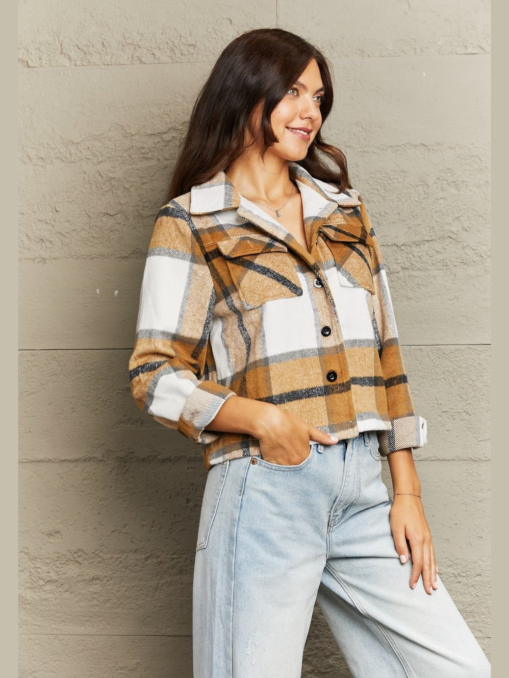 Plaid Collared Neck Jacket with Breast Pockets nicholesgifts