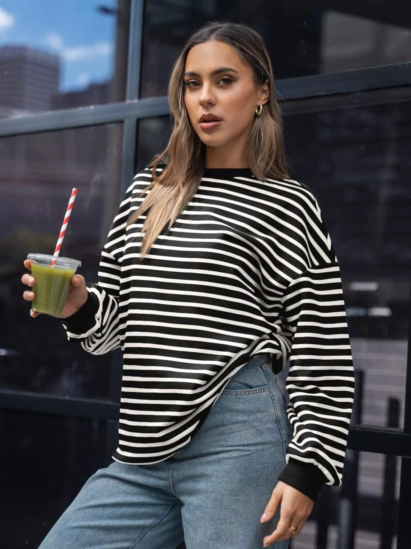 Striped Round Neck Oversized Casual Sweatshirt Trendsi