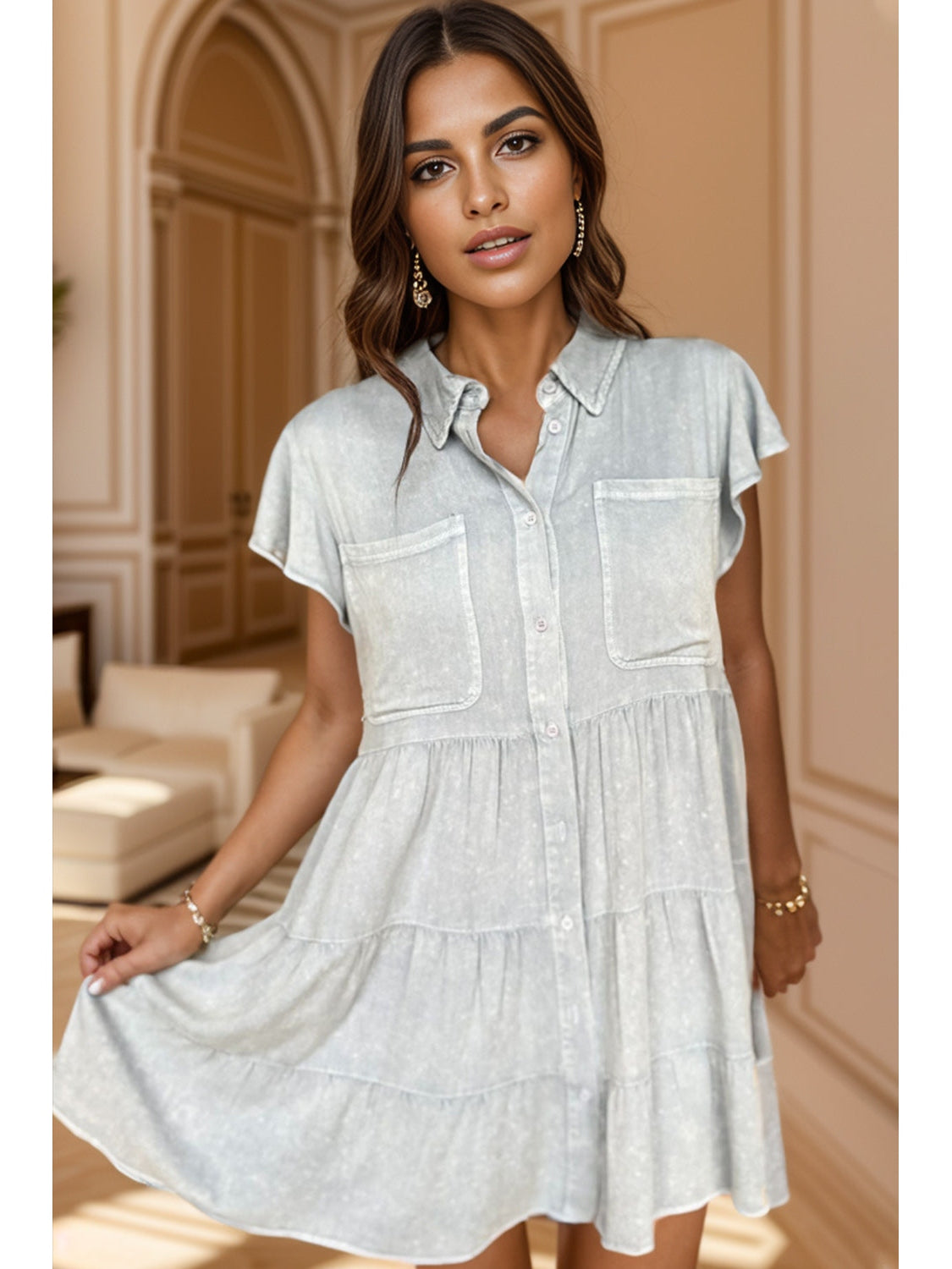 Women Button Up Cap Sleeve Denim Dress nicholesgifts