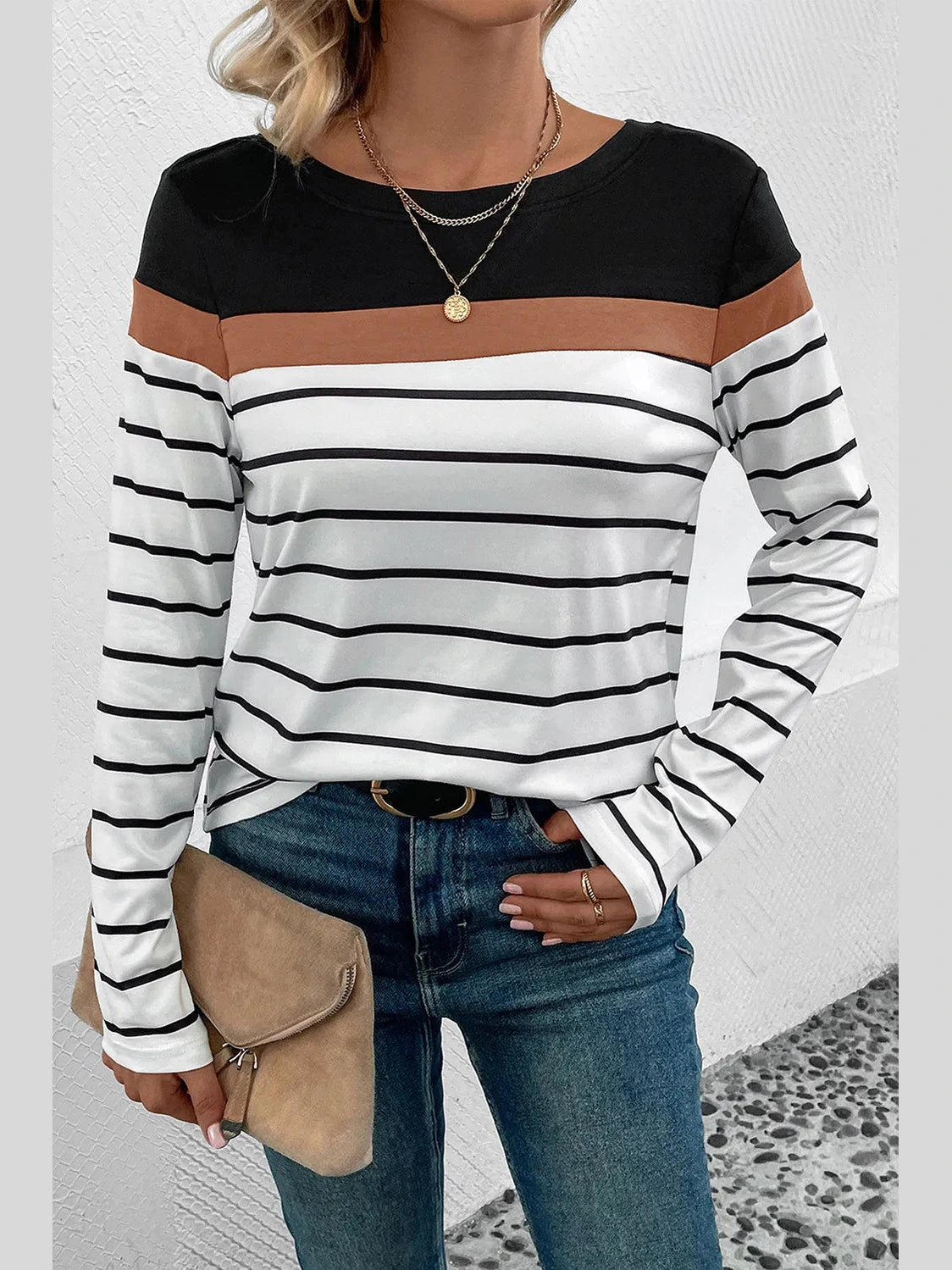 Perfee Striped Round Neck Long Sleeve T-Shirt nicholesgifts