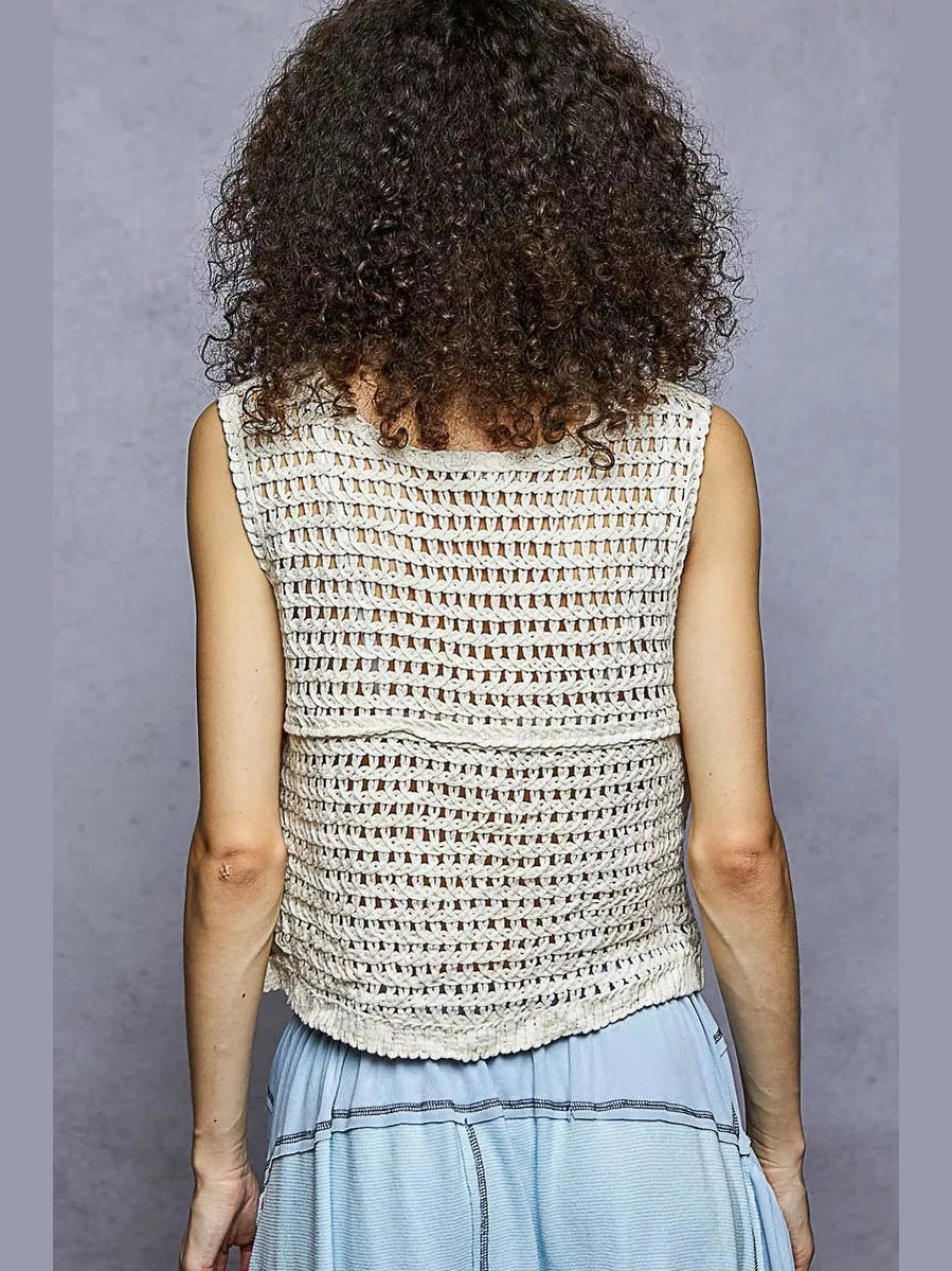 POL Button Down Floral Embroidery Cropped Crochet Vest Top nicholesgifts