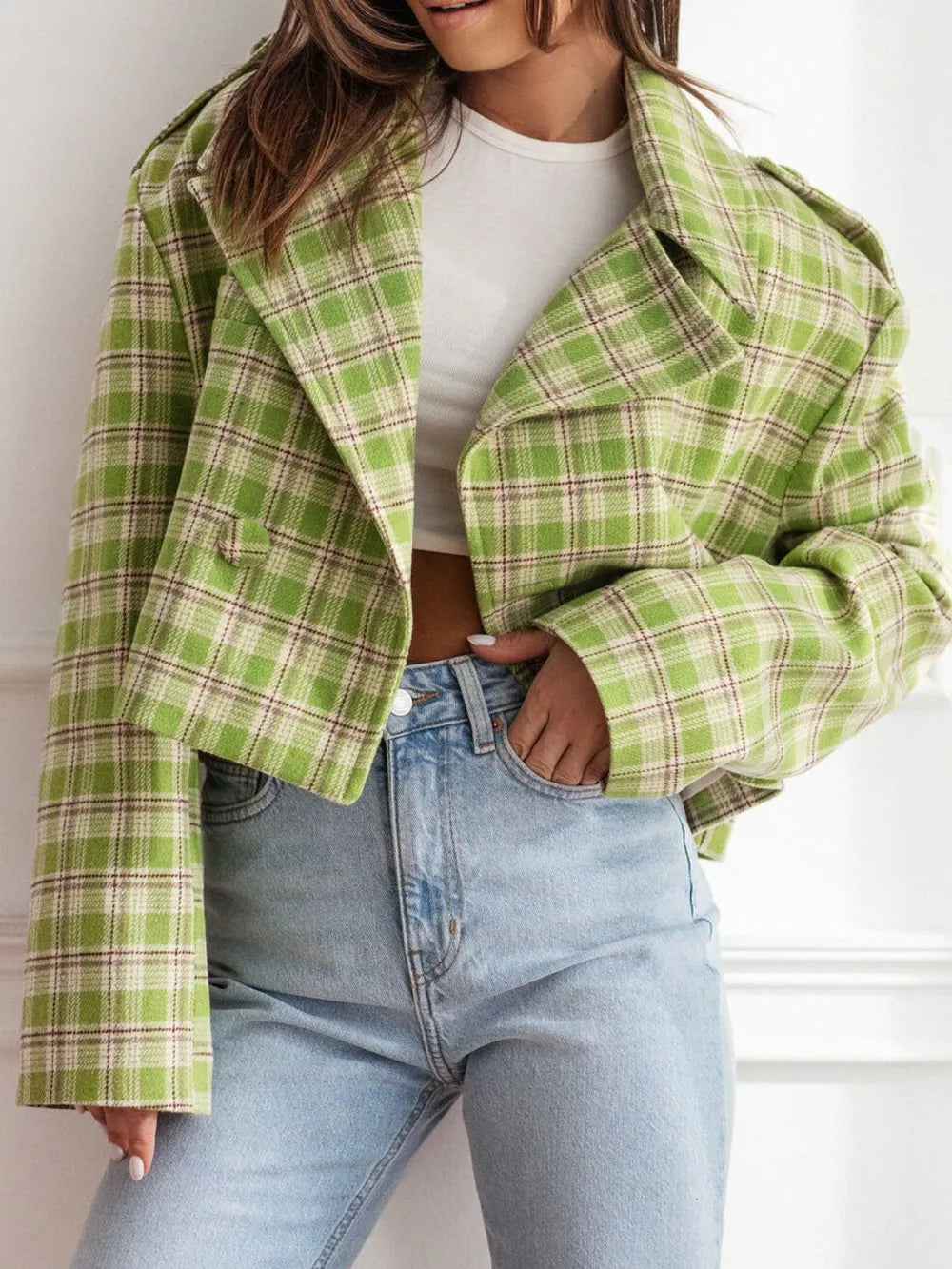 Lapel Collar Plaid Cropped Jacket Trendsi