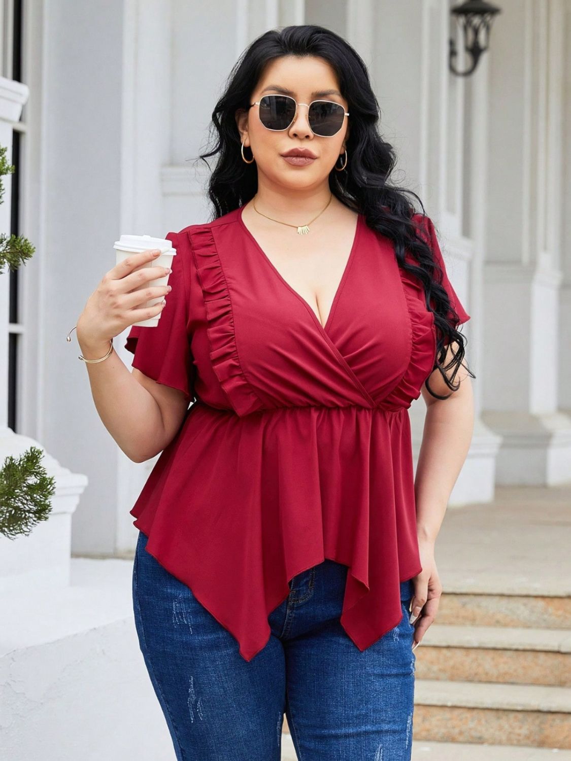 Plus Size Frill Surplice Flutter Sleeve Blouse nicholesgifts