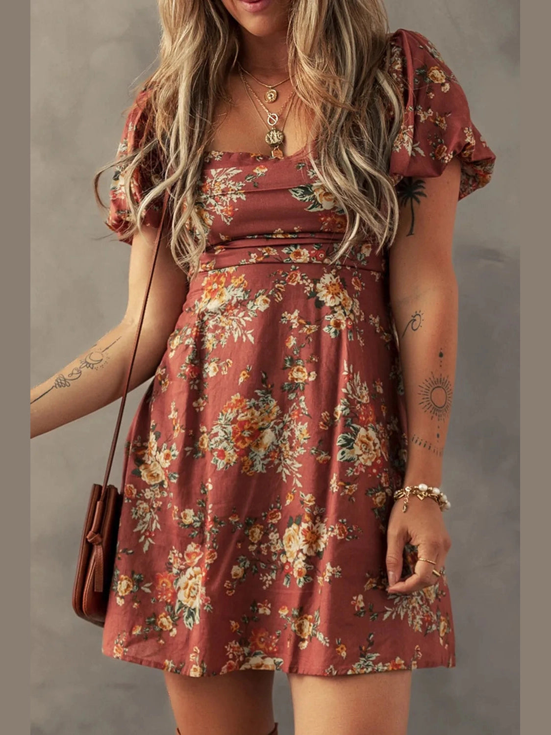 Floral Puff Sleeve Square Neck Knot Open Back Mini Dress NicholesGifts