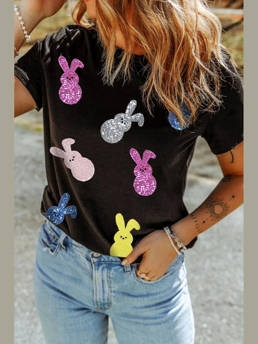 Sequin Bunny Doll Short Sleeve T-Shirt Trendsi