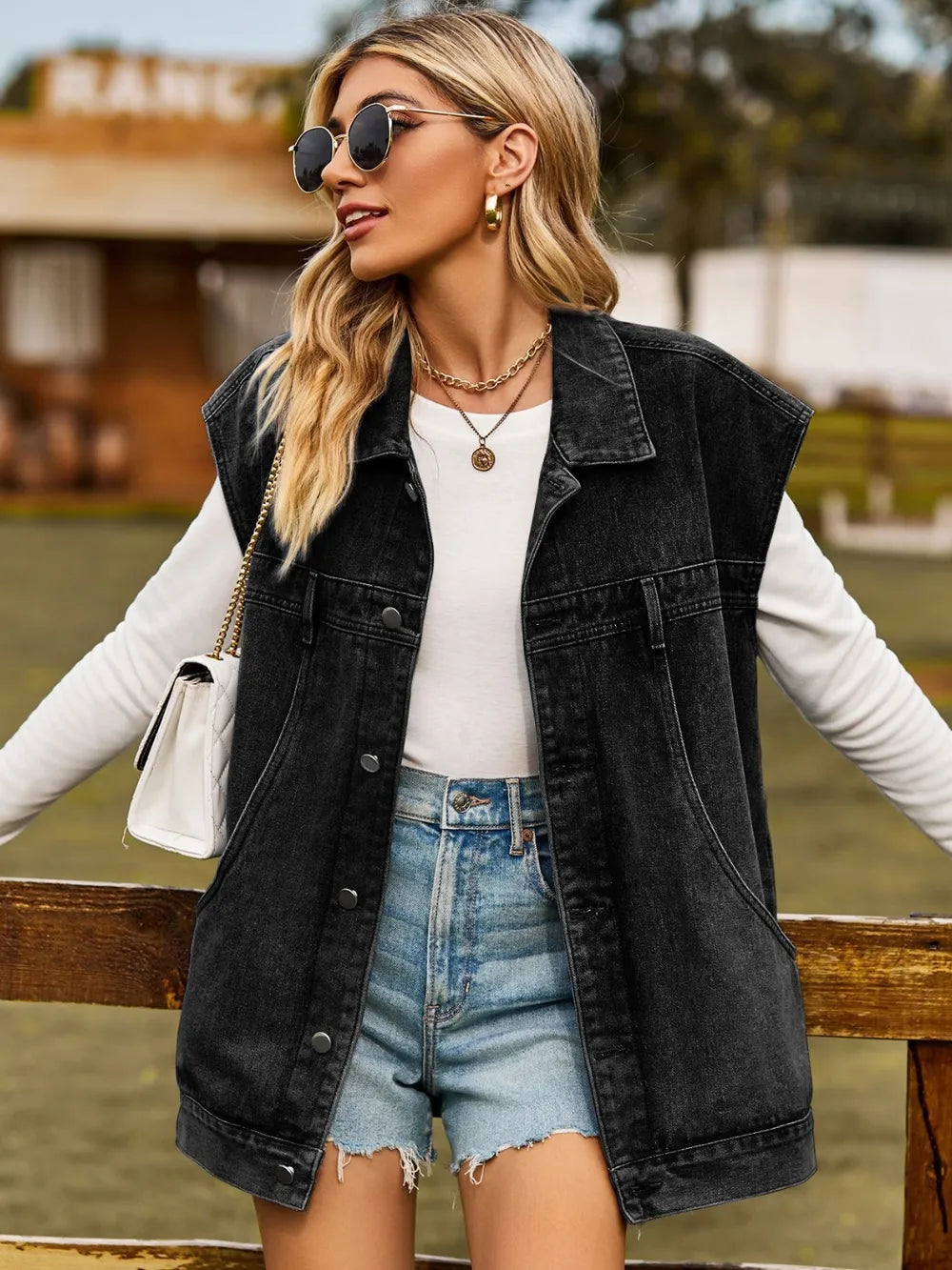 Button Up Collared Neck Sleeveless Denim Jacket nicholesgifts