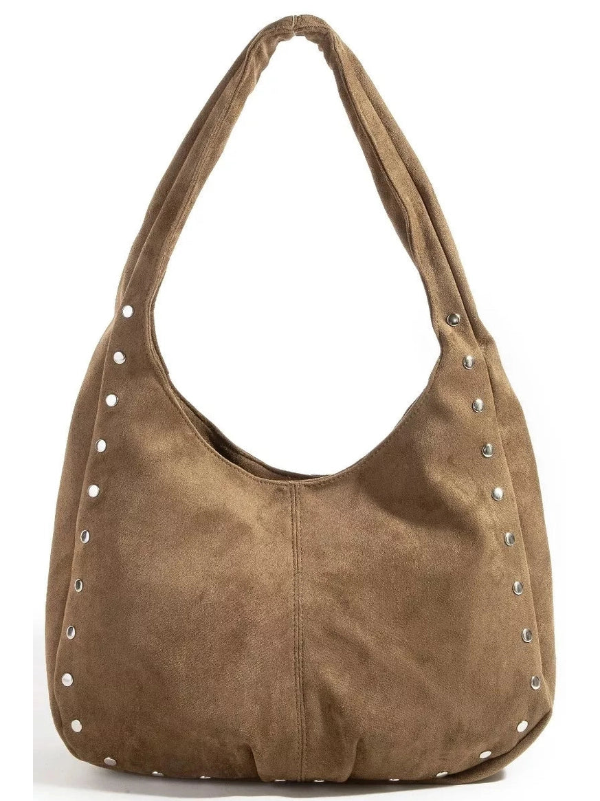 Fame Faux Suede Studded Trim Hobo Bag nicholesgifts