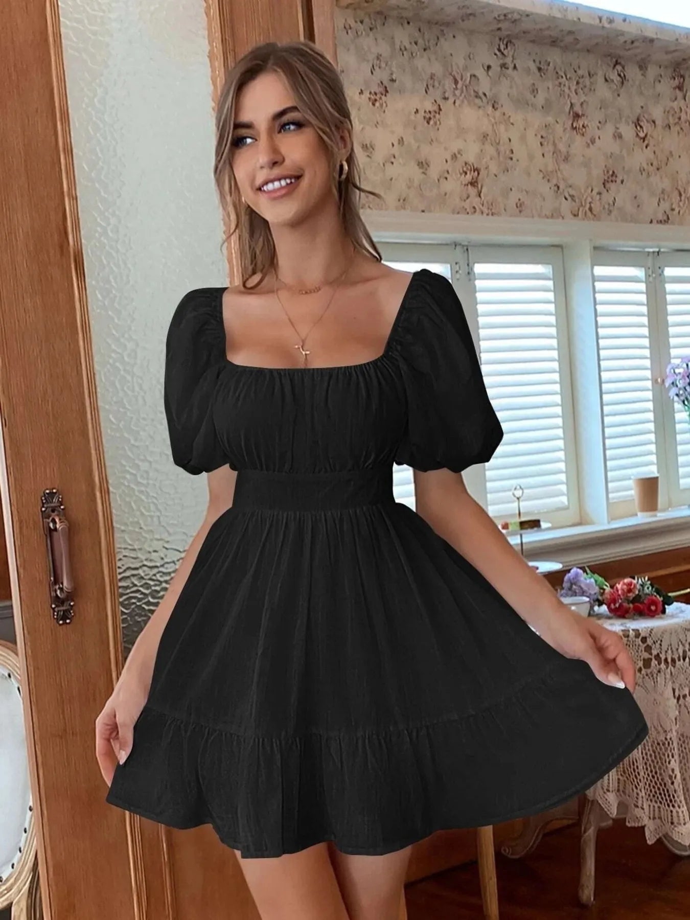 Square Neck Puff Sleeve Mini Dress NicholesGifts