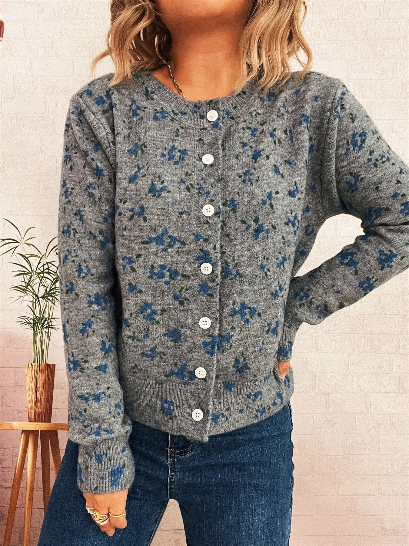 Floral Button-Up Long Sleeve Cardigan