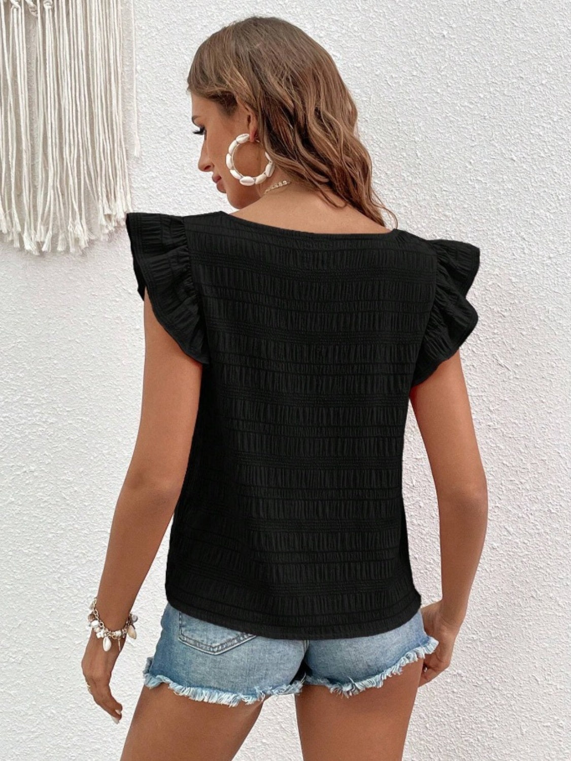 Ruffled Square Neck Cap Sleeve Blouse nicholesgifts