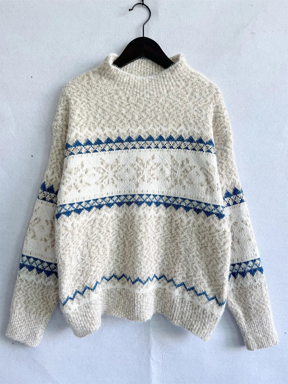 Geometric Mock Neck Dropped Shoulder Sweater Trendsi