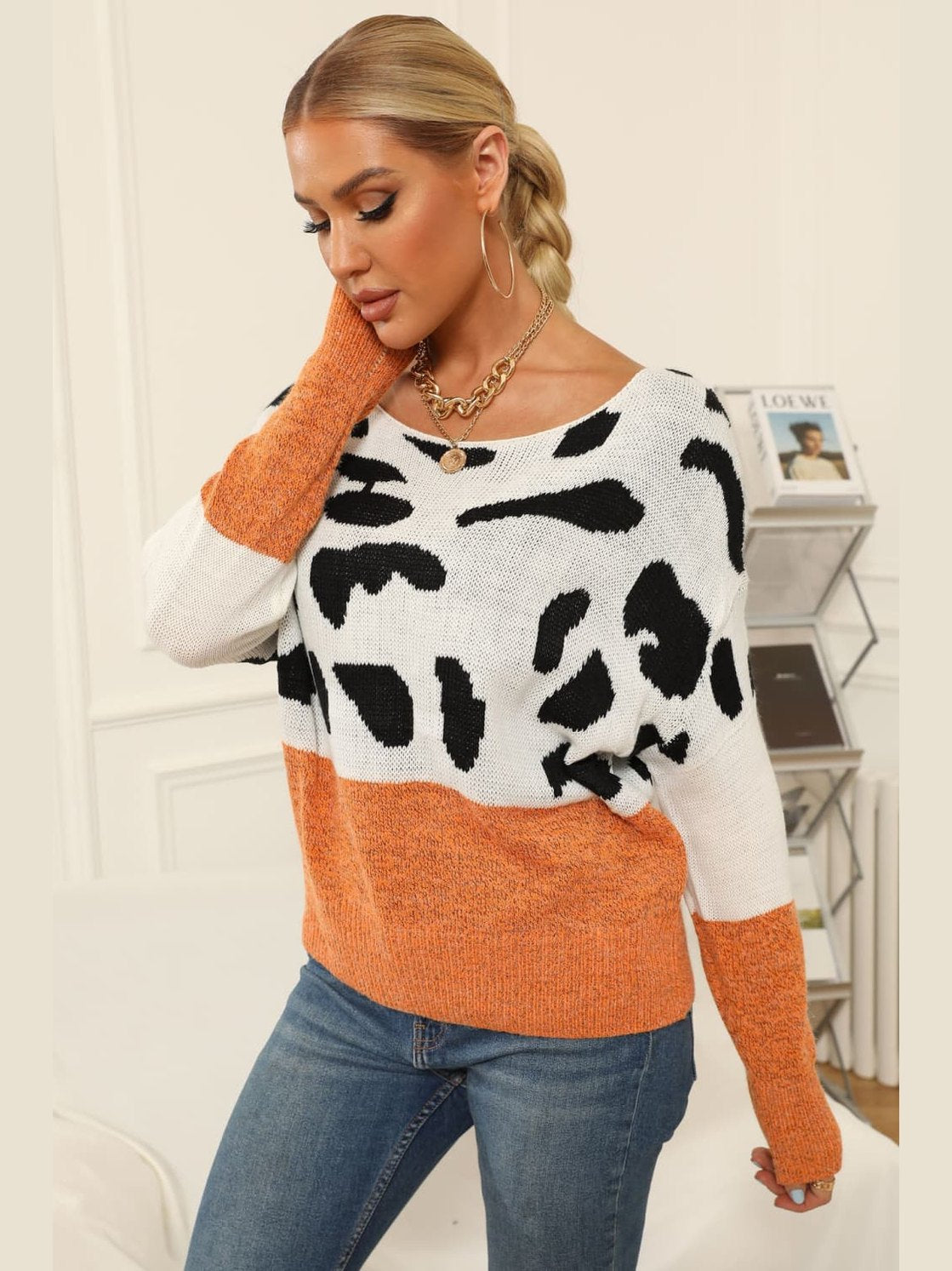 Full Size Two-Tone Boat Neck Sweater Trendsi