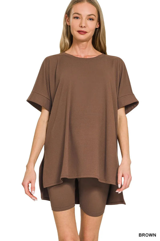 Zenana Full Size Brushed Dty Microfiber Round Neck Top and Biker Shorts Set Plus Size Trendsi