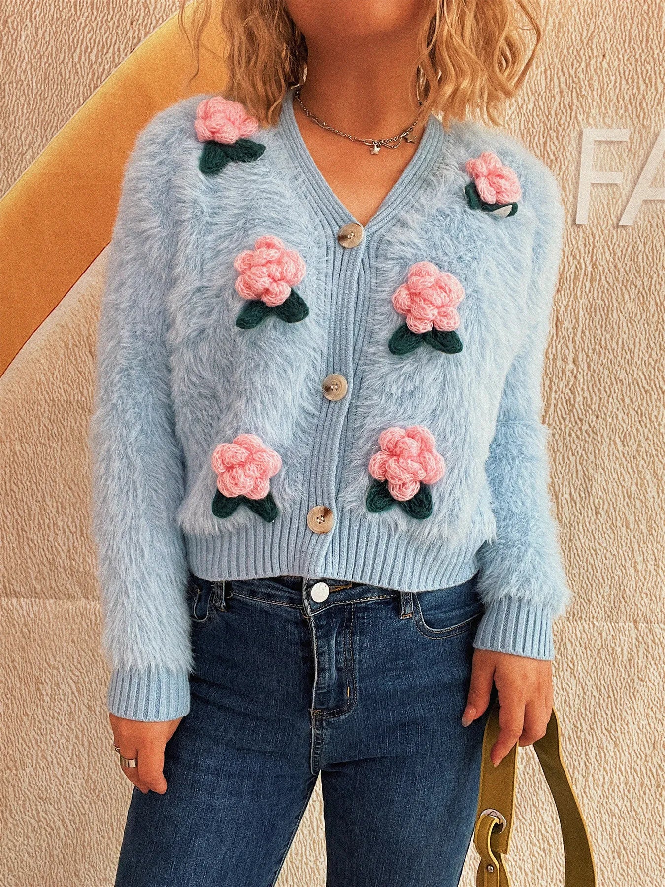 Flower Fuzzy Button-Up Cardigan