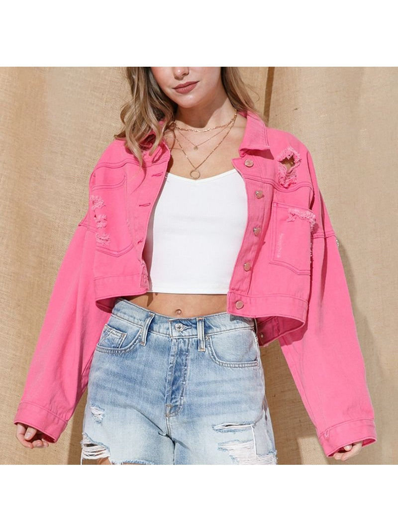 Cropped Collared Neck Dropped Shoulder Denim Jacket nicholesgifts