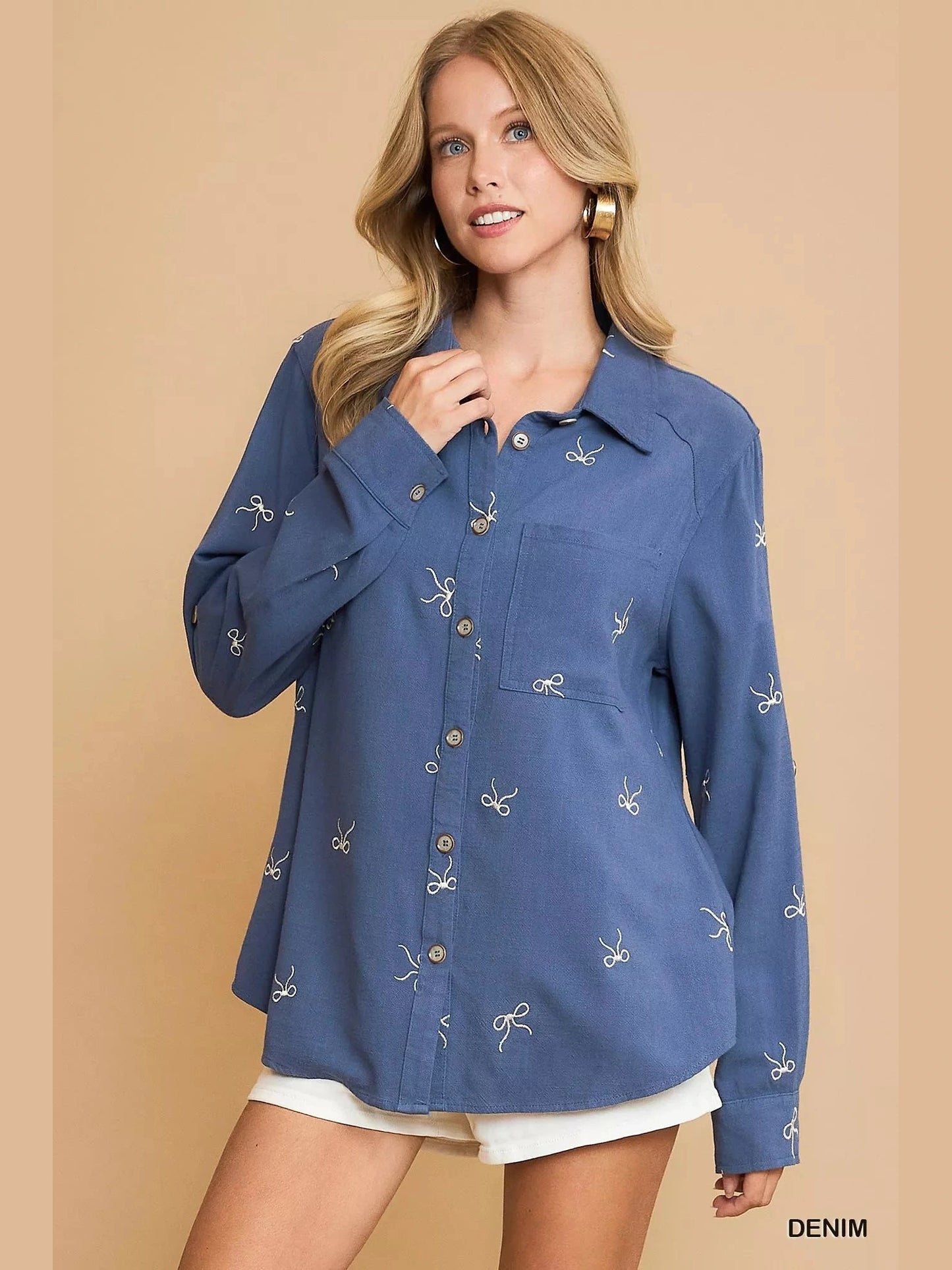 Women Umgee Linen Blend Fitted Long Sleeve Shirt with Ribbon Embroidery Details NicholesGifts