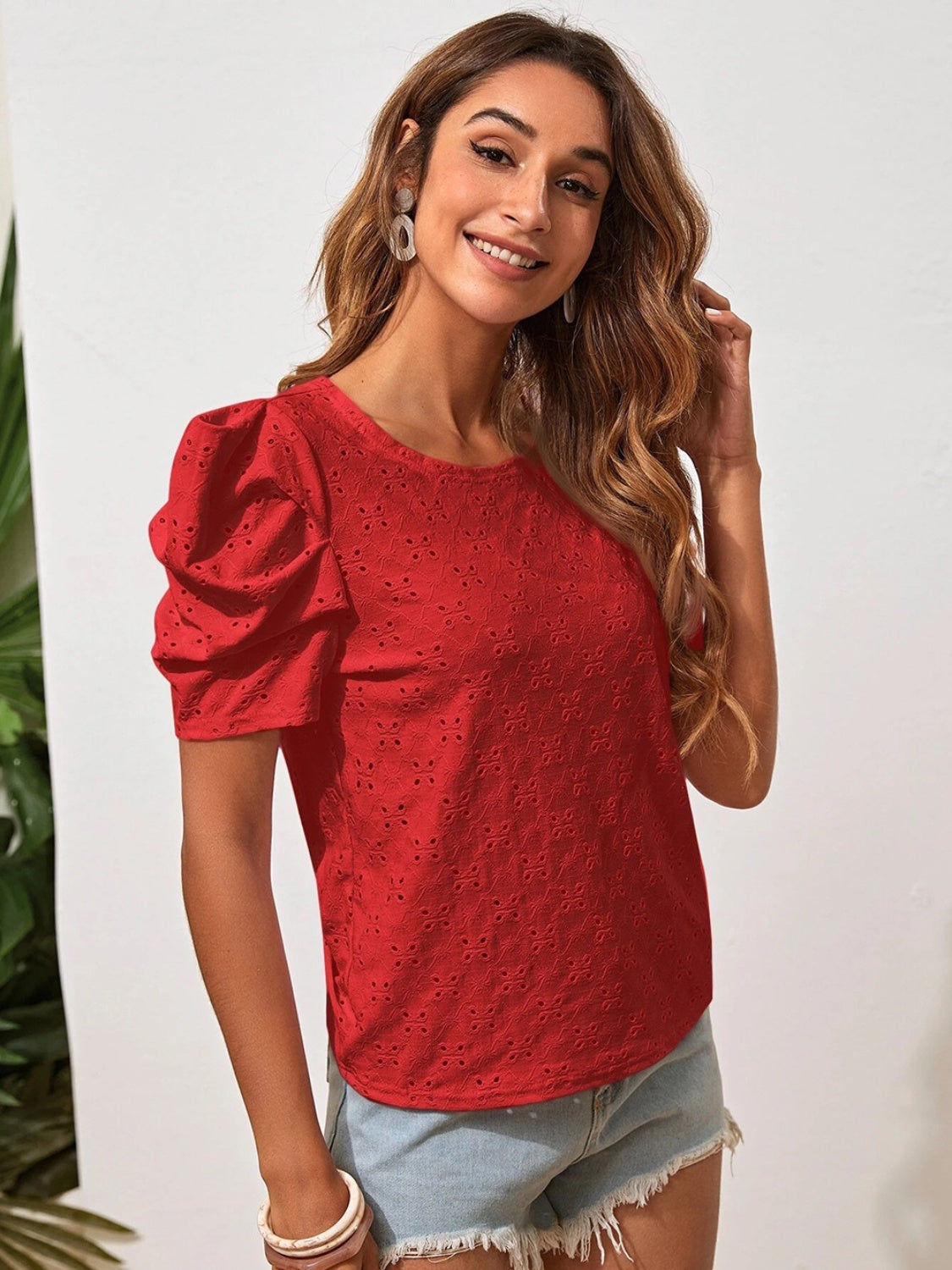 Eyelet Round Neck Puff Sleeve Blouse nicholesgifts