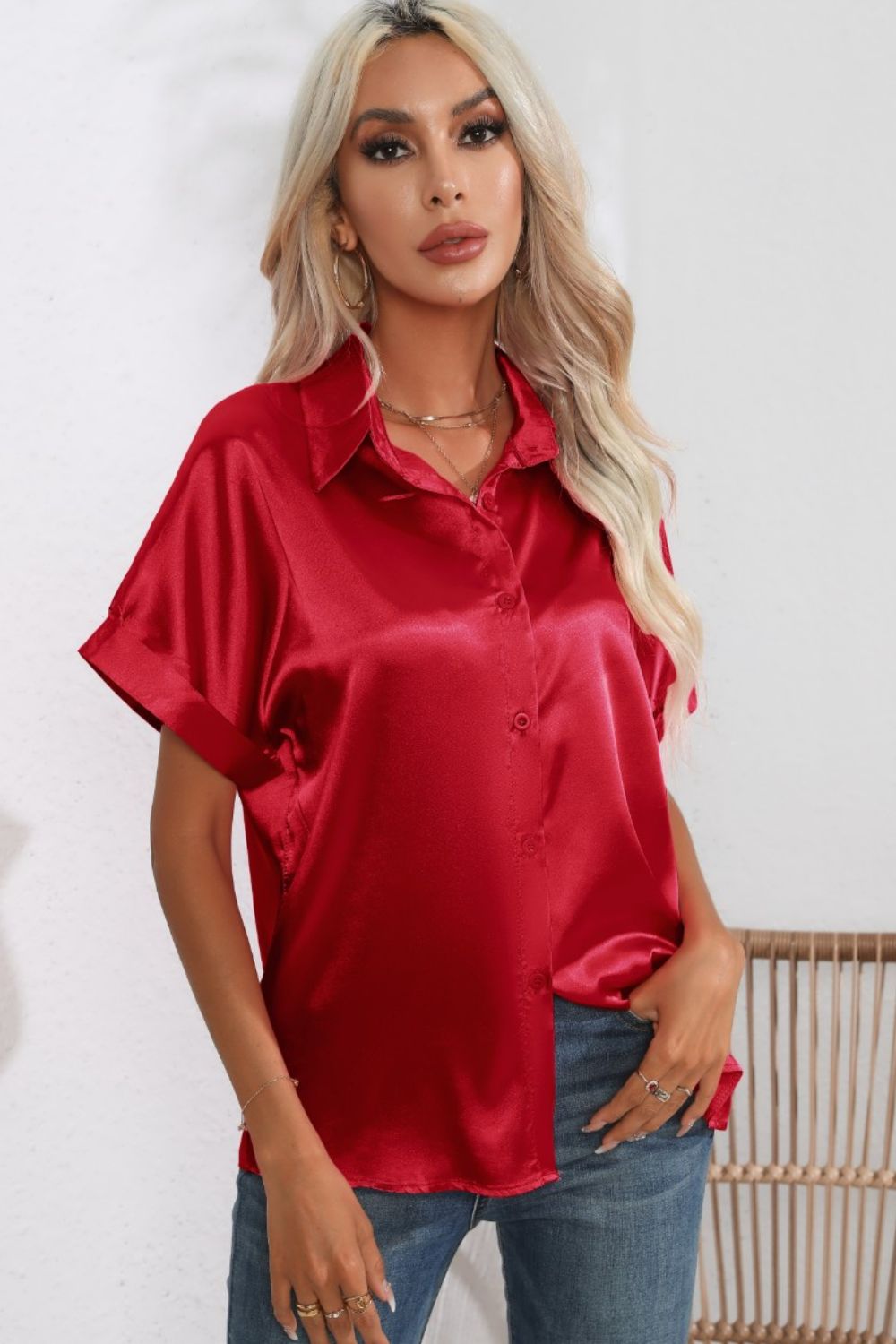 Women Collared Neck Short Sleeve Shirt nicholesgifts