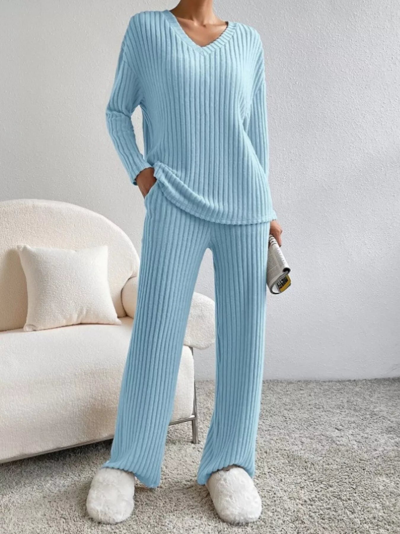 Ribbed Knit V-Neck Top and Pants Set nicholesgifts