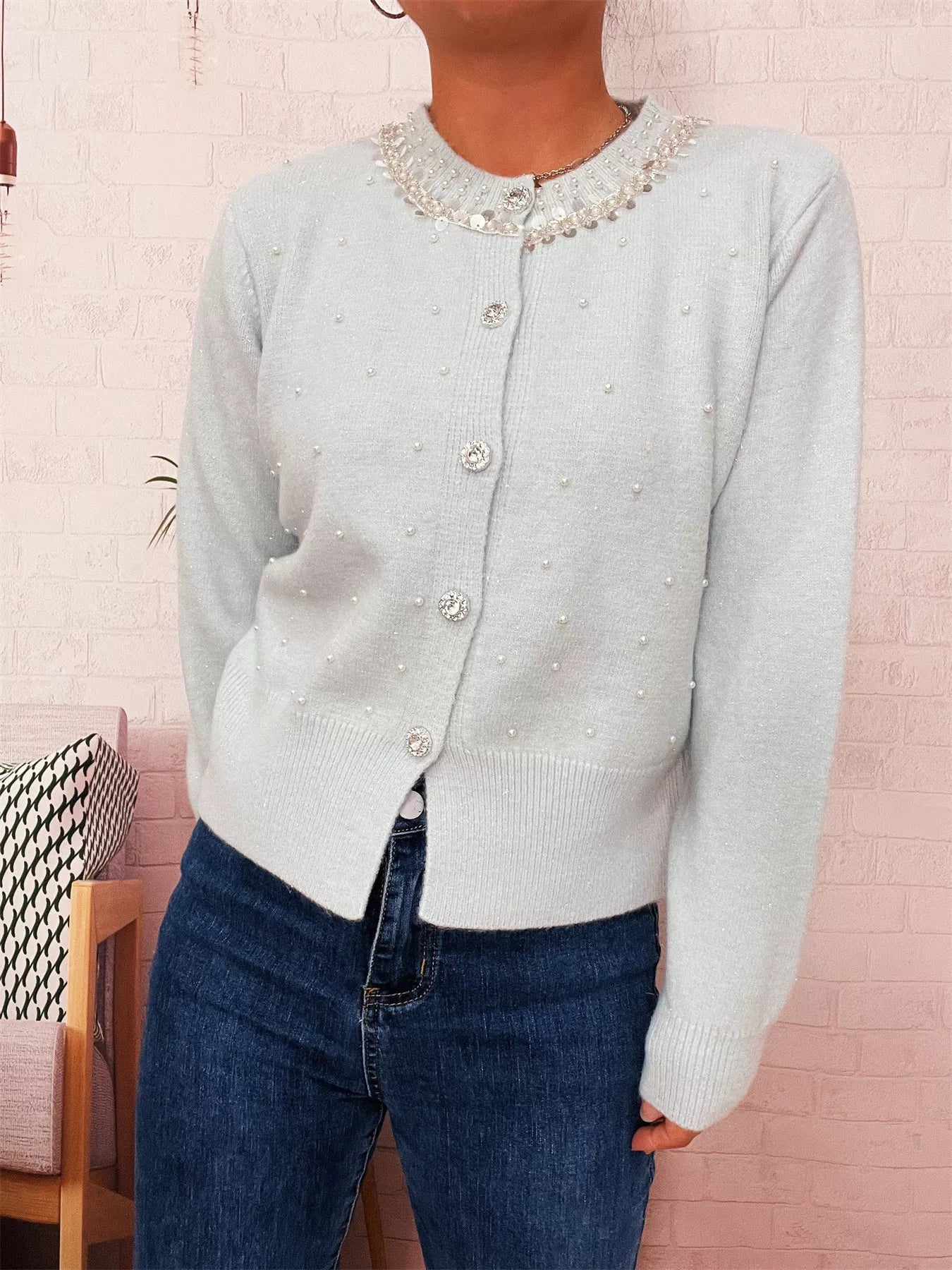 Pearl Detail Button-Front Cardigan NicholesGifts