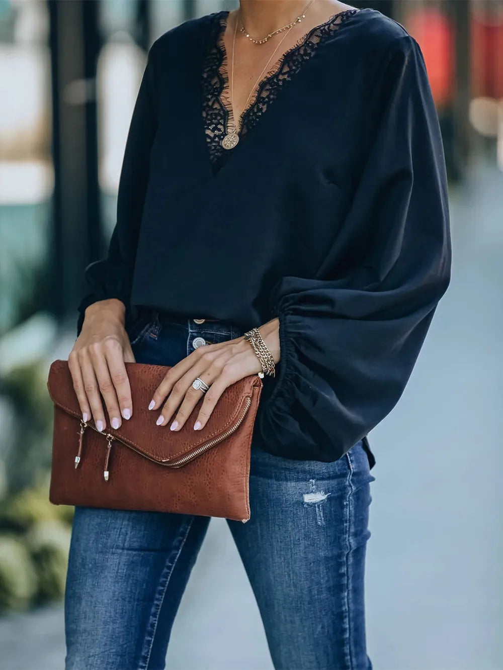 Lace Detail V-Neck Long Sleeve Blouse NicholesGifts