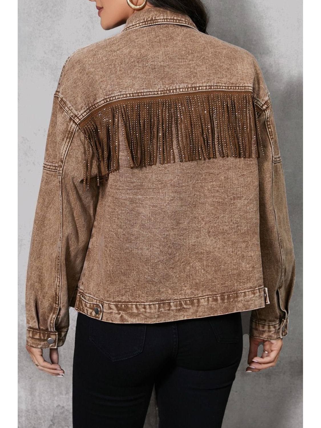 Fringe Trim Snap Down Denim Jacket nicholesgifts