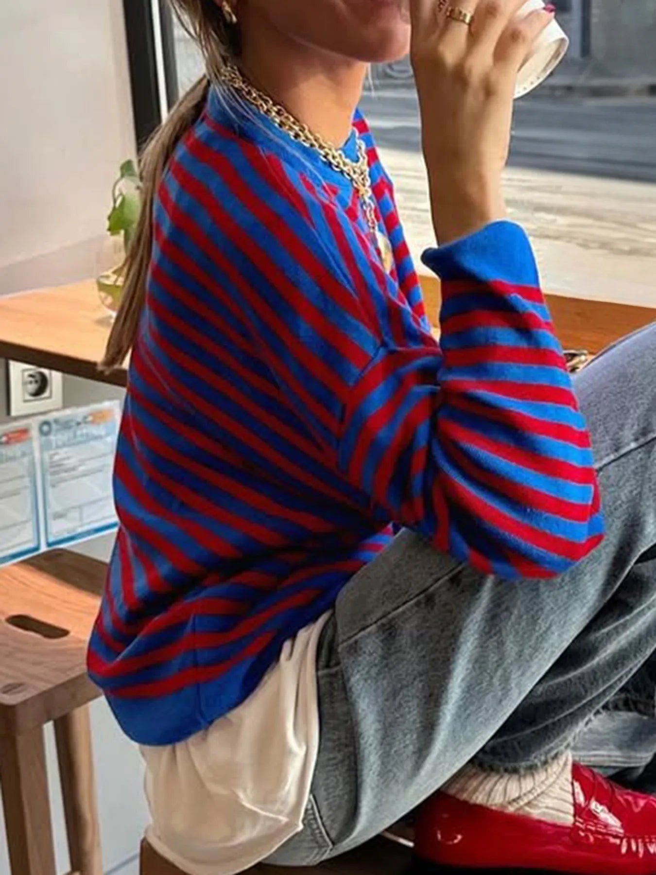 Striped Round Neck Long Sleeve Sweater Trendsi