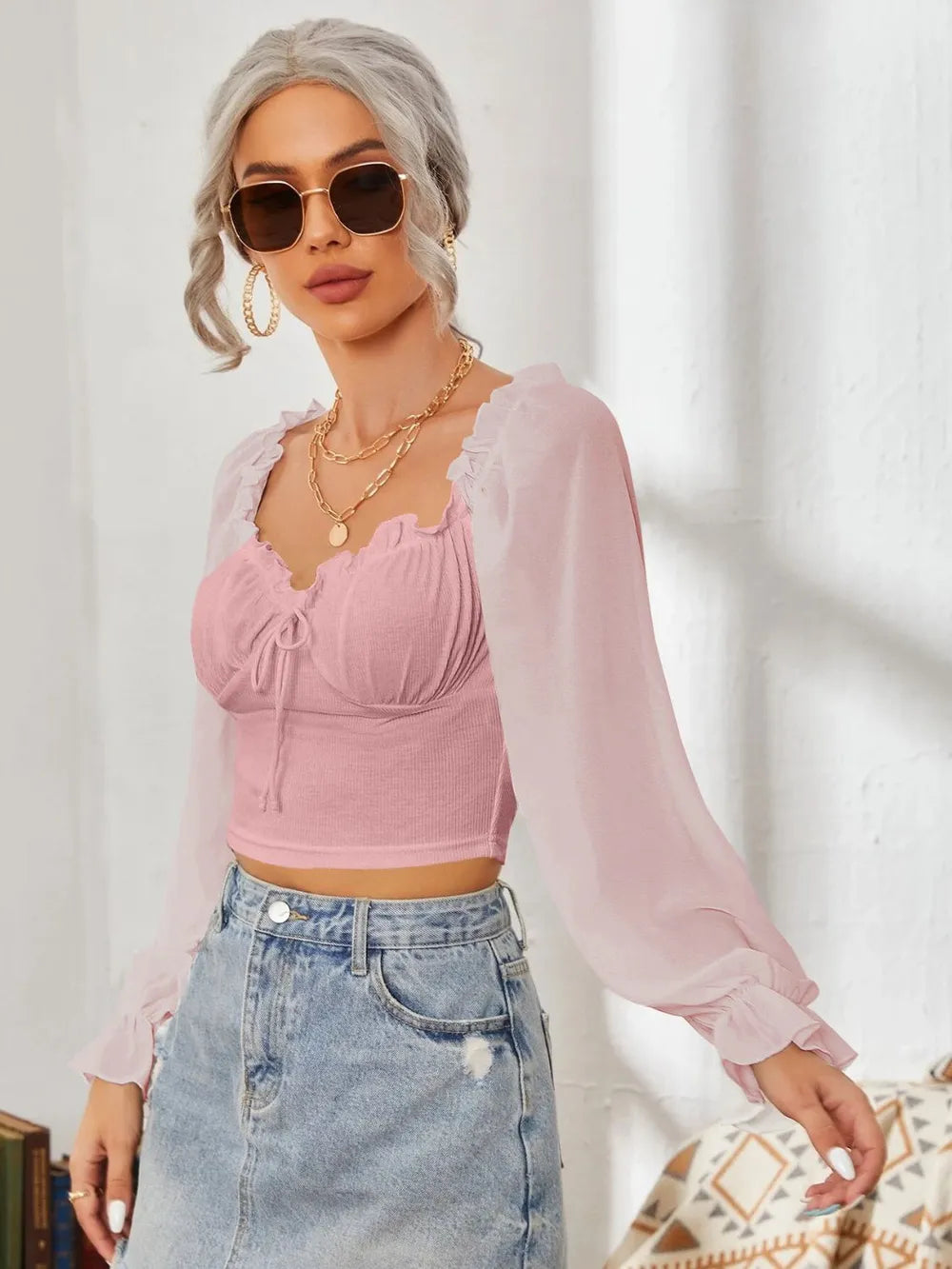Mesh Sweetheart Neck Flounce Sleeve Top NicholesGifts