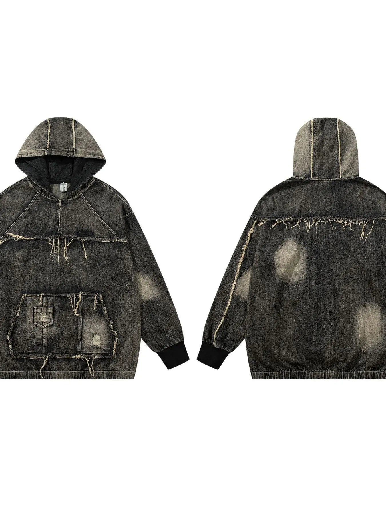 Men's Distressed Denim Patchwork Oversized Hoodie with Frayed Details NicholesGifts