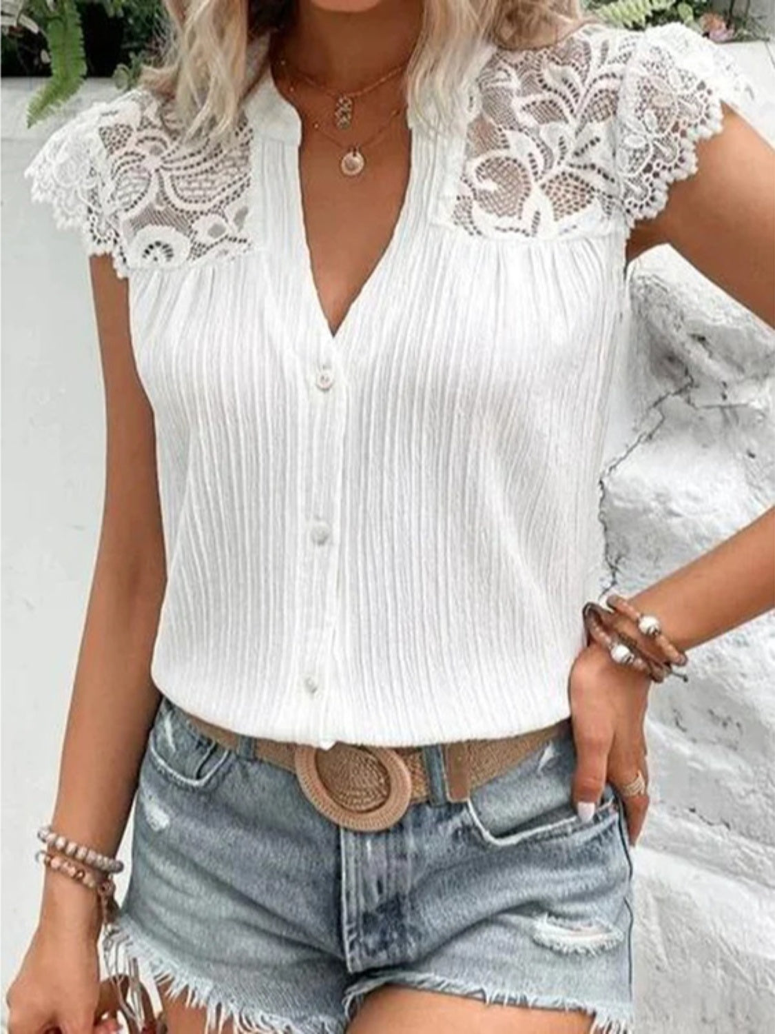 Lace Detail Notched Cap Sleeve Blouse nicholesgifts