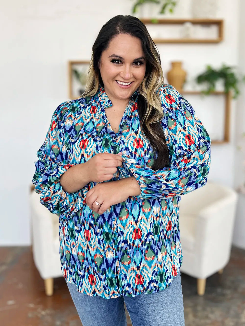 Double Take Full Size Printed Balloon Sleeve Blouse nicholesgifts