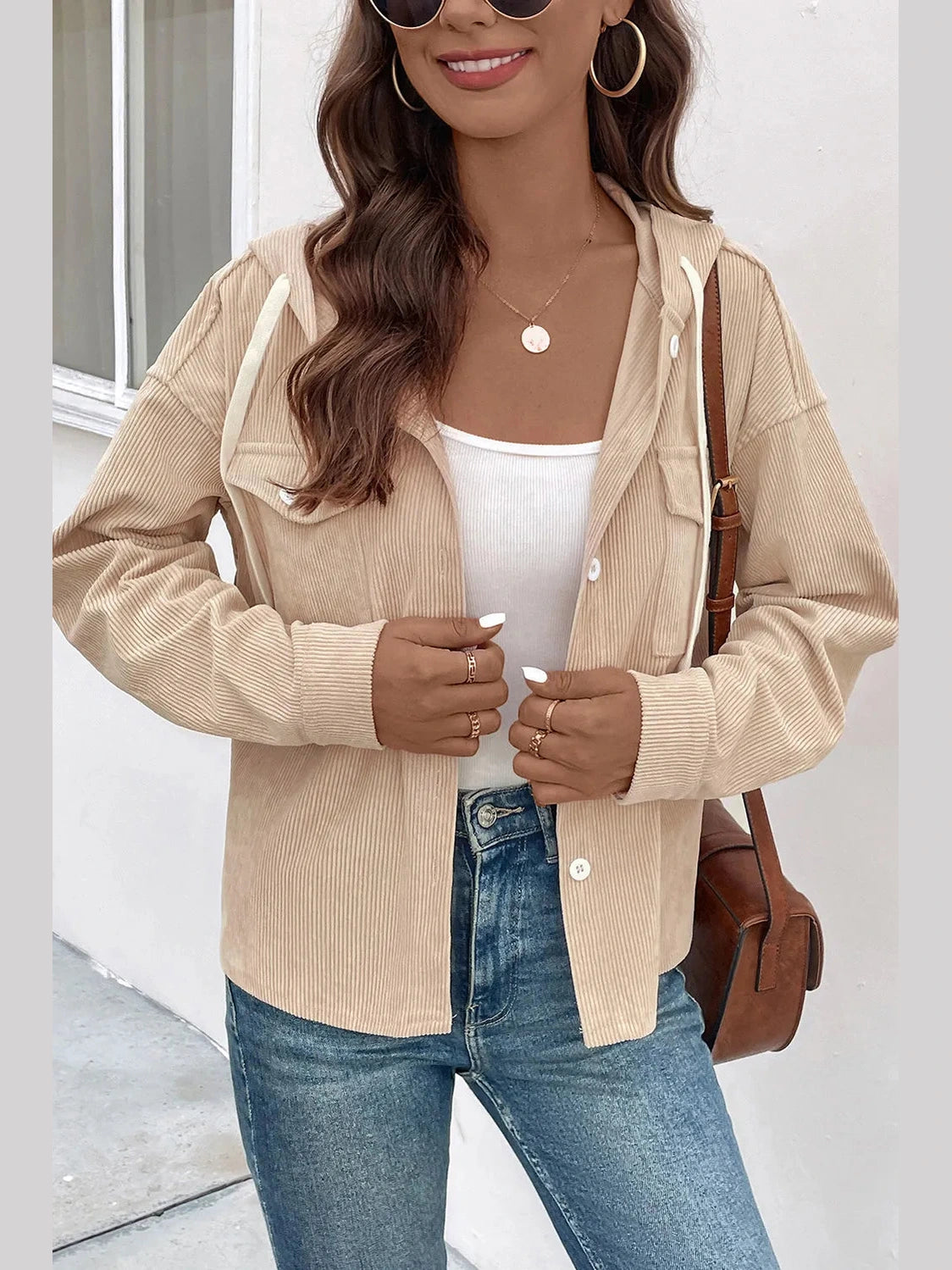 Perfee Ribbed Button Up Drawstring Hooded Jacket nicholesgifts