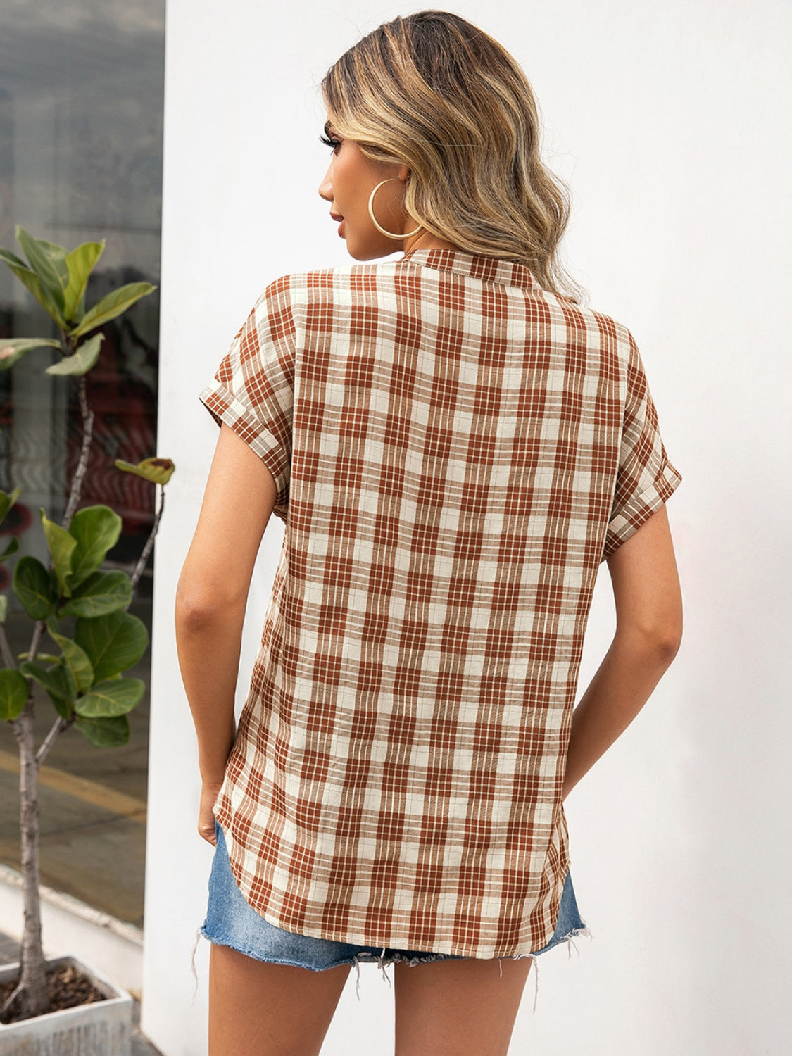 Plaid Notched Short Sleeve Blouse nicholesgifts